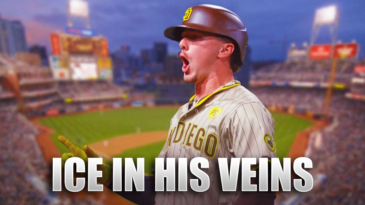 Padres' Jackson Merrill hyped up, with caption below: ICE IN HIS VEINS