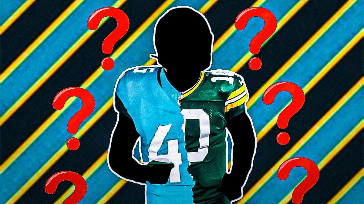 A silhouetted player with a crossover Packers/Jaguars jersey surrounded by question marks and a tropical Jacksonville Jaguars-colored background.