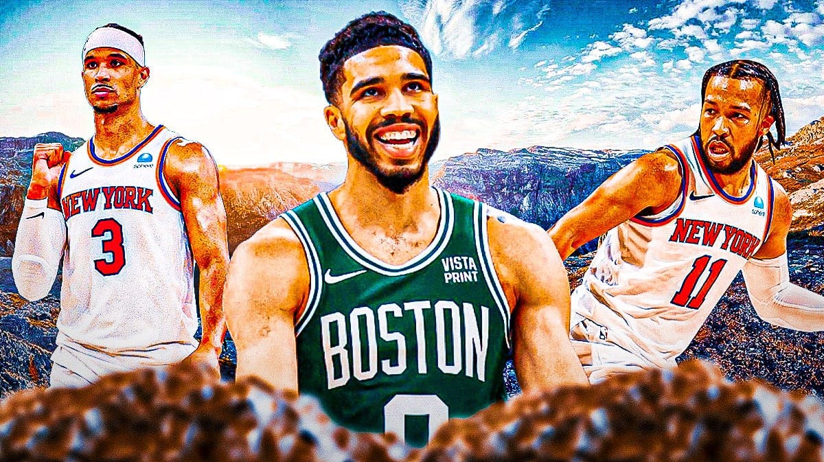 Jalen Brunson, Josh Hart climbing a mountain with Jayson Tatum at the top of it.