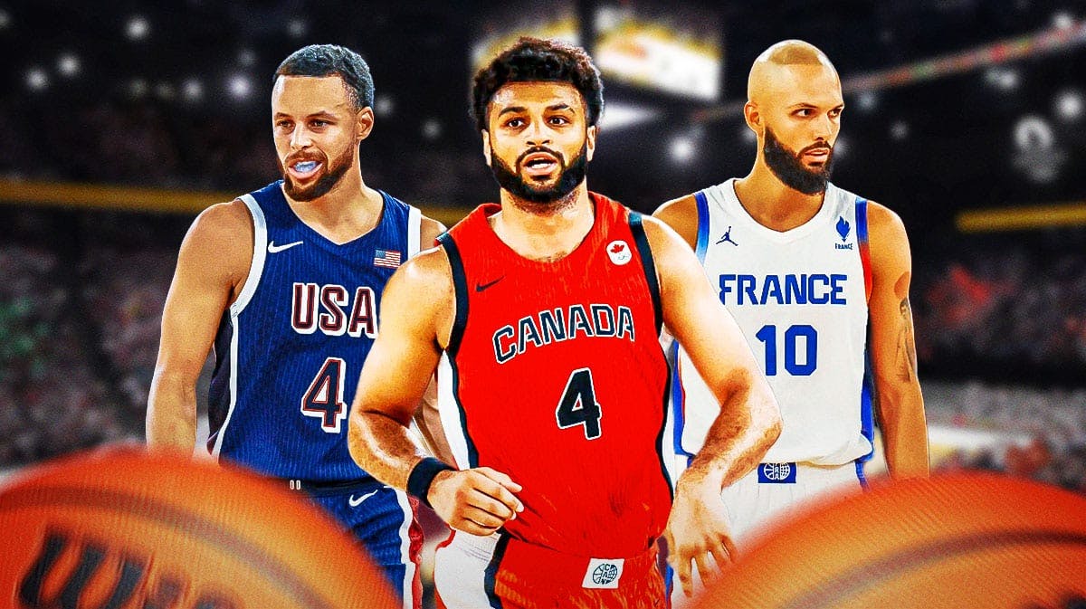 Steph Curry playing for Team USA, Jamal Murray playing for Canada and Evan Fournier playing for France.