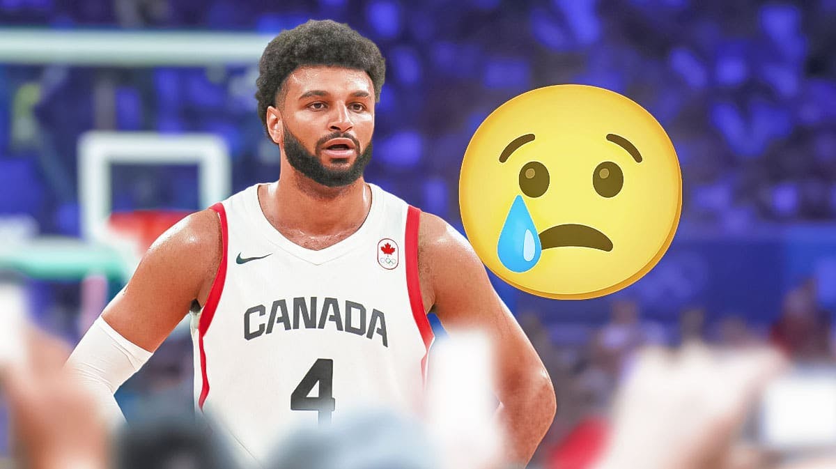 Jamal Murray in a Team Canada jersey with a sad face emoji next to him and a basketball court in the background.