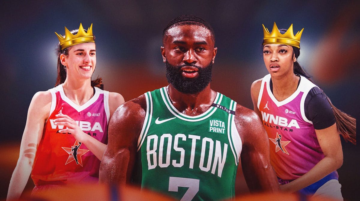 Celtics Jaylen Brown and Sky Angel Reese with Fever Caitlin Clark