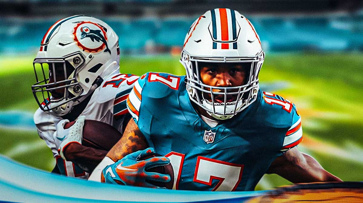 Miami Dolphins star Jaylen Waddle in front of Hard Rock Stadium.