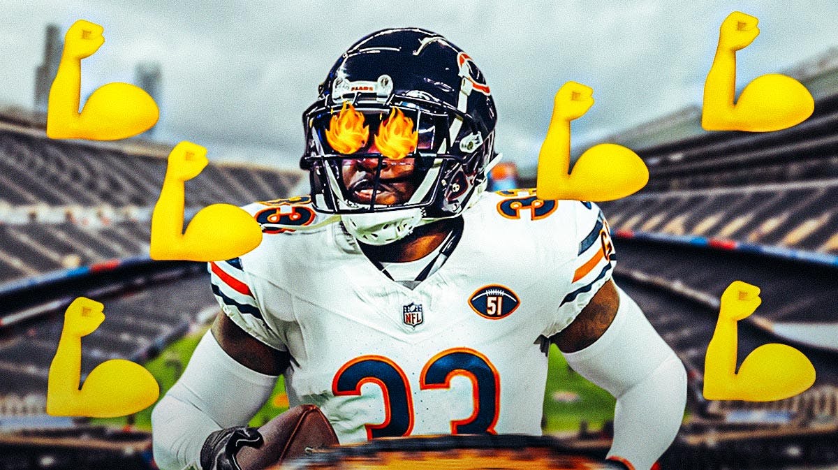 Chicago Bears CB Jaylon Johnson with fire emojis over his eyes. He is surrounded by muscle emojis. There is also a logo for the Chicago Bears.