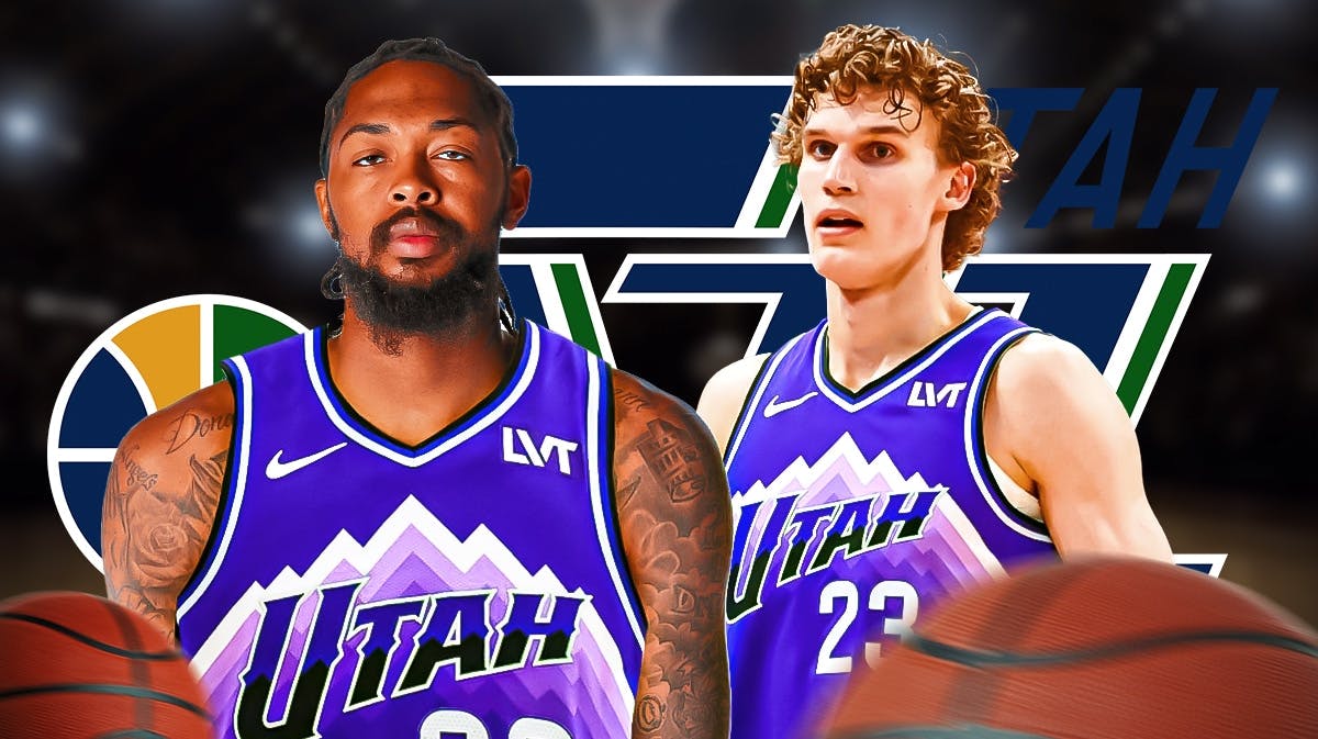 Brandon Ingram next to Lauri Markkanen in front of the Jazz logo.