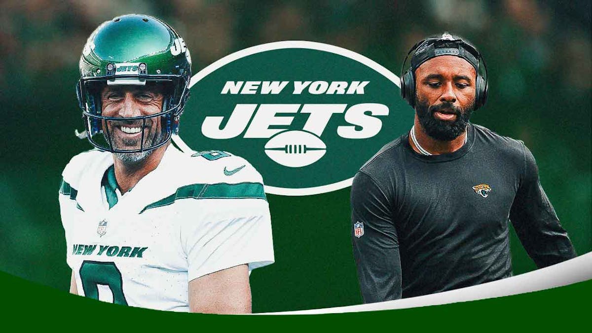 New York Jets QB Aaron Rodgers on left side, New York Jets logo in center, former Jacksonville Jaguars WR Jarvis Landry on right side, The Meadowlands (home stadium for the New York Jets) in background
