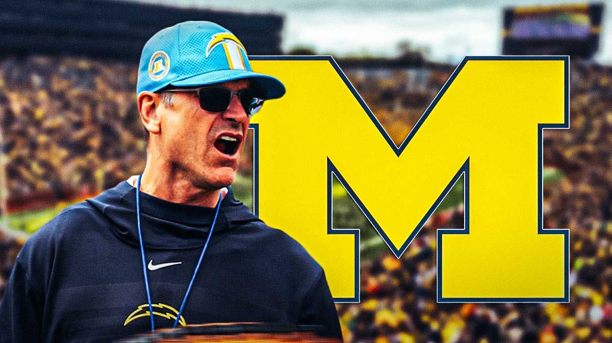 Chargers Jim Harbaugh next to a Michigan football logo