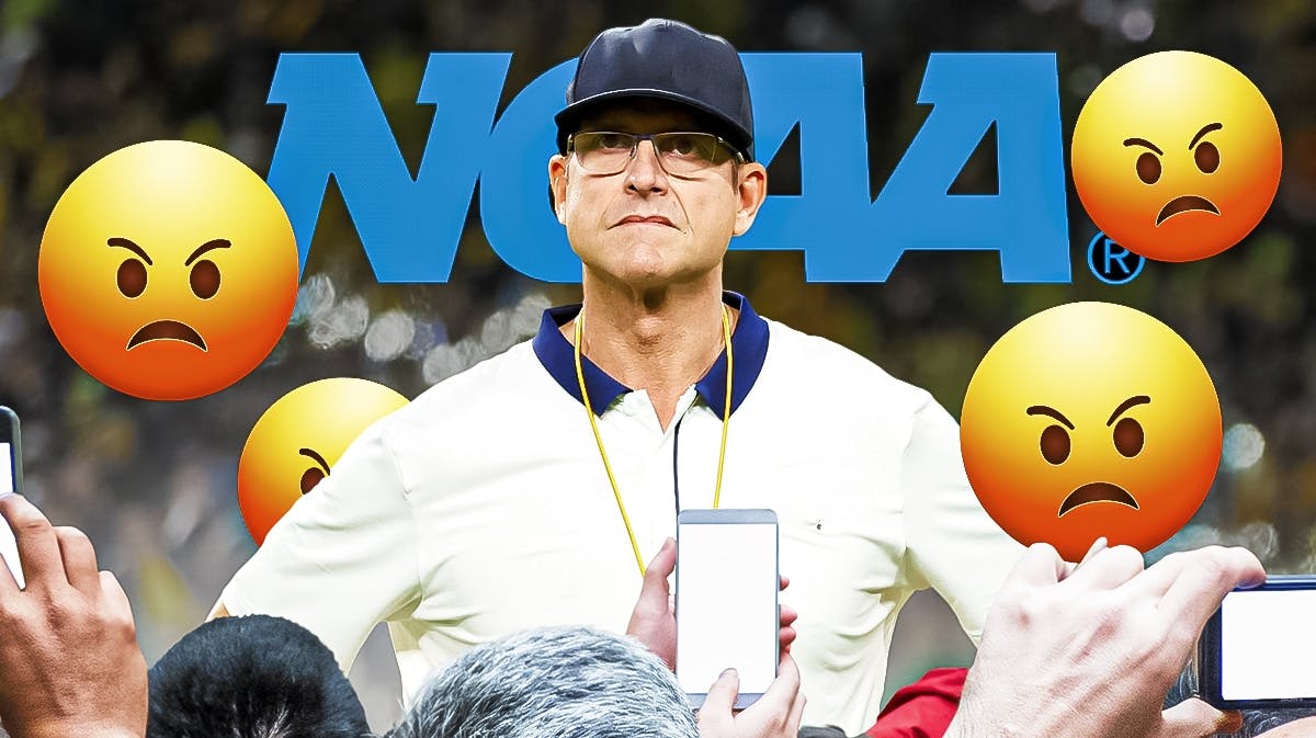 Jim Harbaugh with angry emojis around him. NCAA logo next to him.