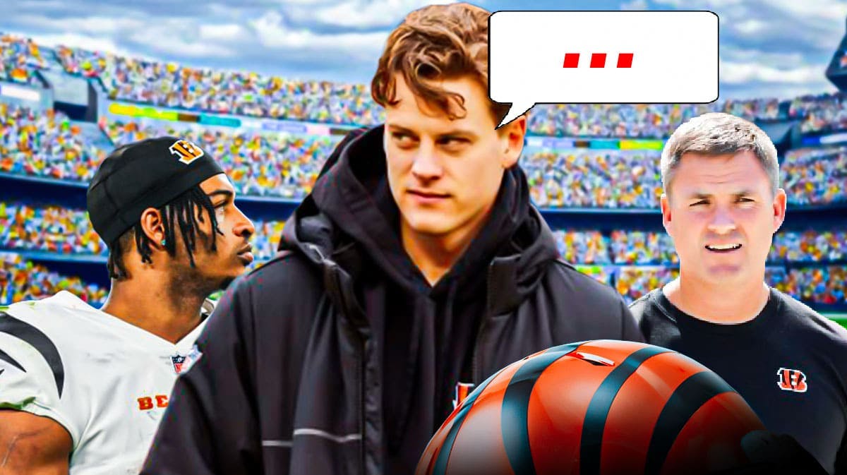 Cincinnati Bengals QB Joe Burrow with WR Ja’Marr Chase and head coach Zac Taylor. Burrow has a speech bubble with the three dots emoji inside. There is also a logo for the Cincinnati Bengals.