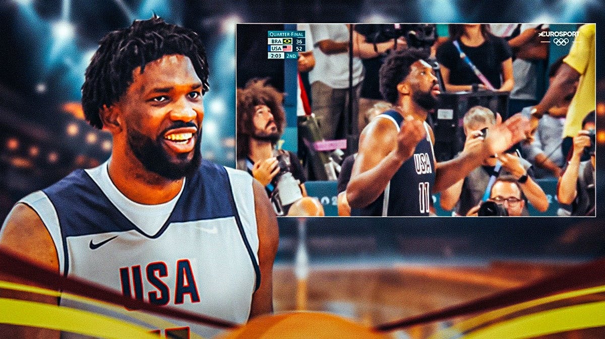 Joel Embiid on Team USA next to screenshot of himself in the game