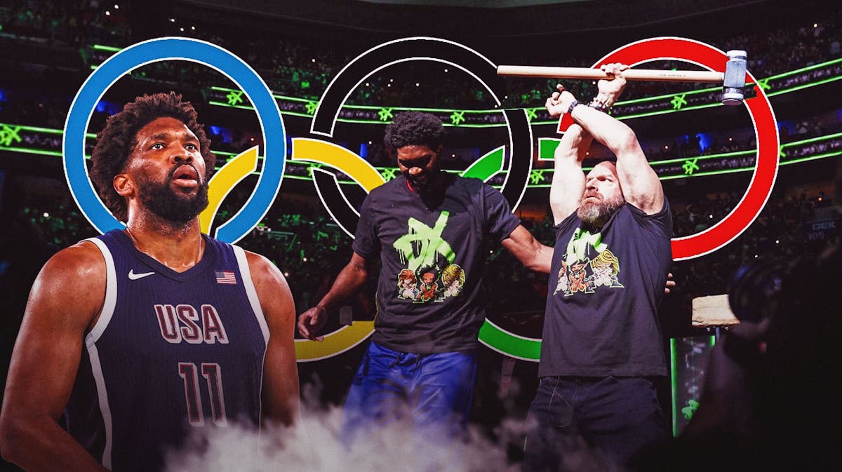 Joel Embiid in his Olympics jersey next to the attached picture of Joel Embiid and Triple H in front of the Olympic rings.