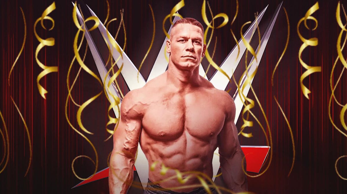 John Cena surrounded by streamers in front of the WWE logo.