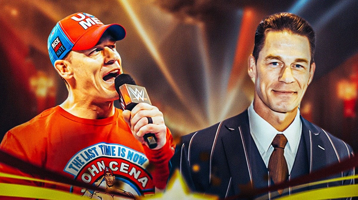 John Cena in WWE gear announcing his retirement next to him in suit with Hollywood background.