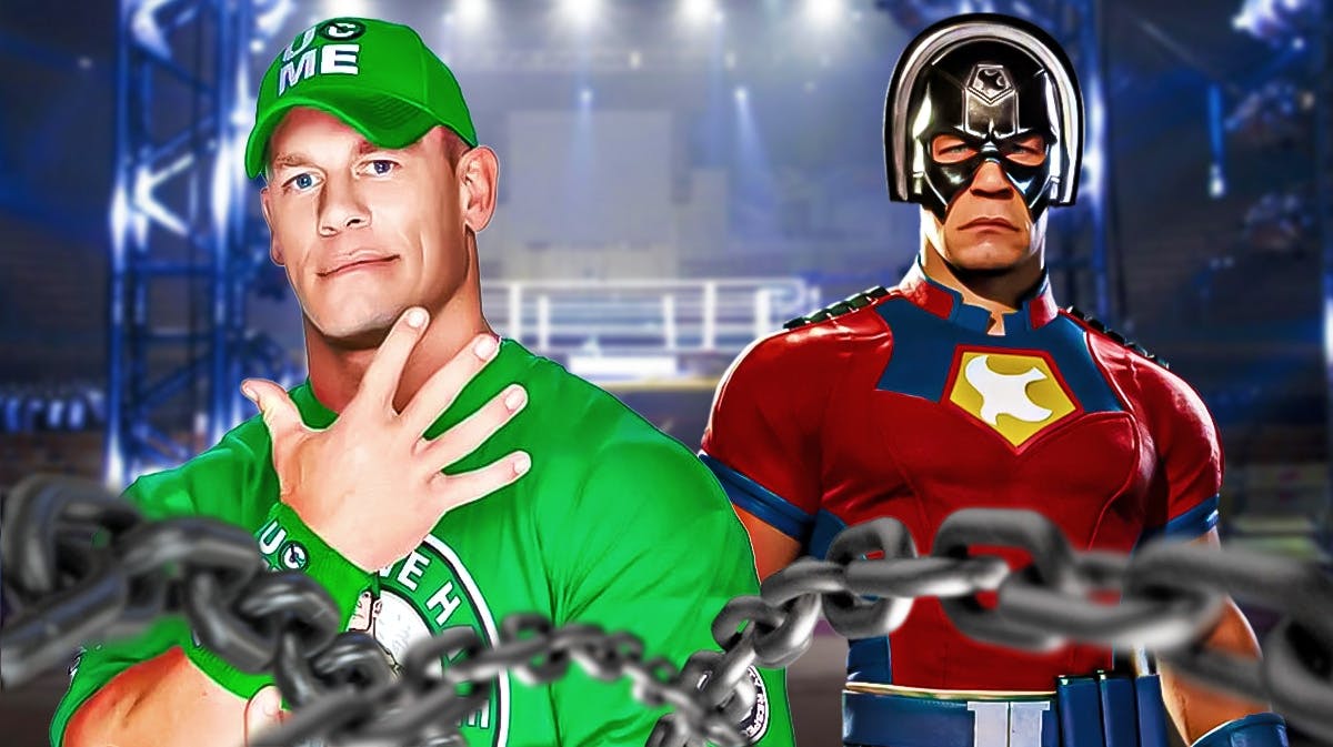 John Cena from WWE next to Peacemaker John Cena in a WWE ring.