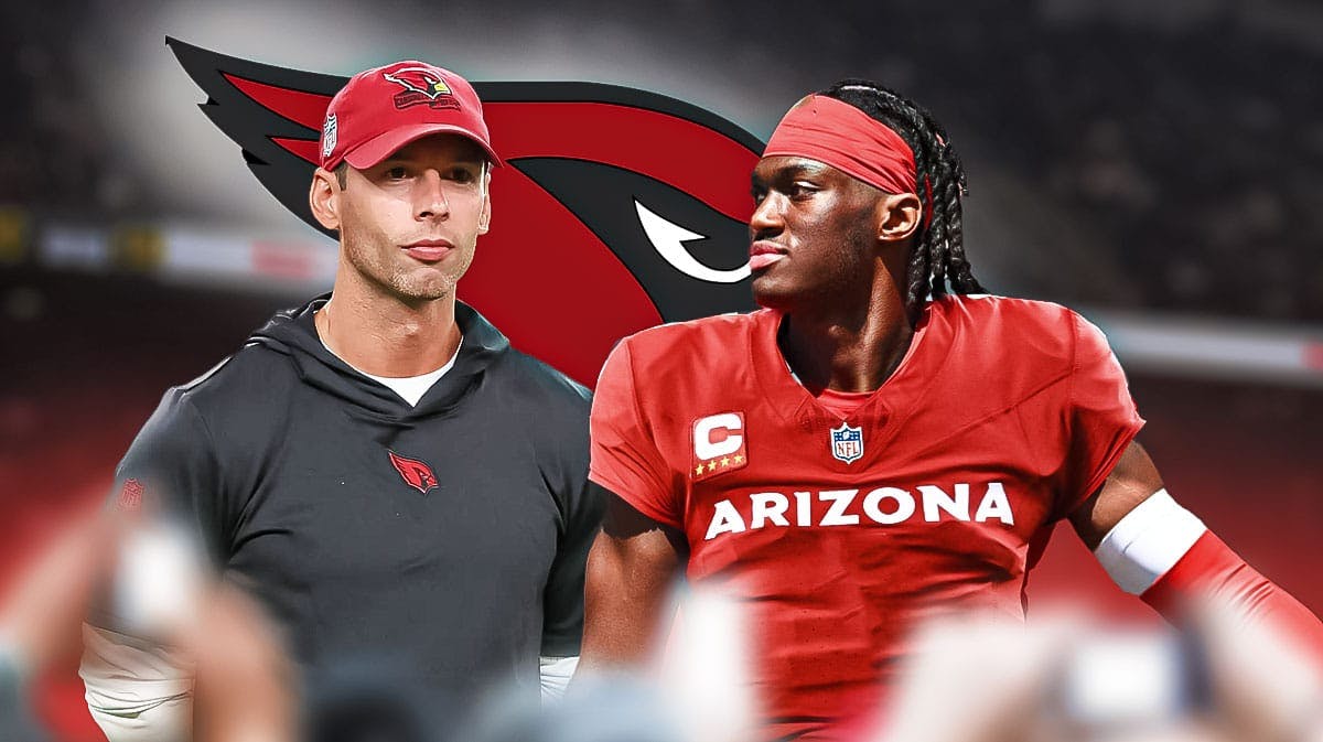 Marvin Harrison Jr in Arizona Cardinals gear and Johnathan Gannon in front of Arizona Cardinals Logo