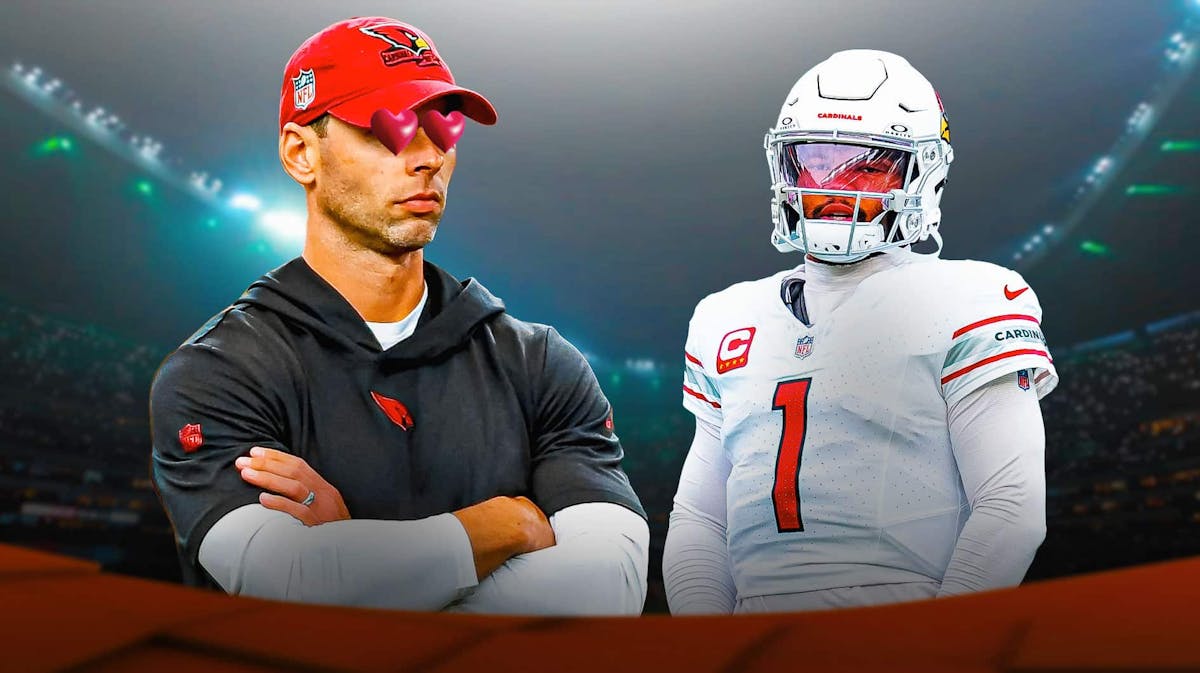 Cardinals HC Jonathan Gannon with heart eyes, QB Kyler Murray, State Farm Arena