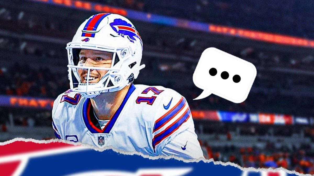 Buffalo Bills QB Josh Allen with a speech bubble that has the three dots emoji inside. There is also a logo for the Buffalo Bills.