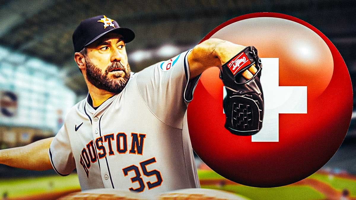 Justin Verlander pitching in a Houston Astros uniform with a red and white first aid image as he's on his way back to the Astros after an injury and has learned about his body.