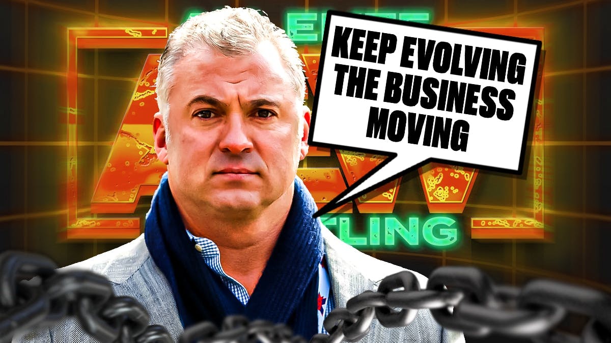 Shane McMahon with a text bubble reading "Keep evolving the business moving" with the AEW logo as the background.