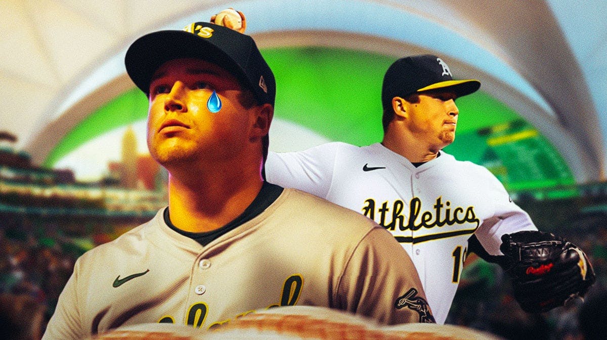 Mason Miller in an Oakland A's uniform looking sad/unhappy with a tear drop coming out of one eye as Miller was not traded from the A's at the MLB trade deadline and is now injured becoming one of the A's injuries.