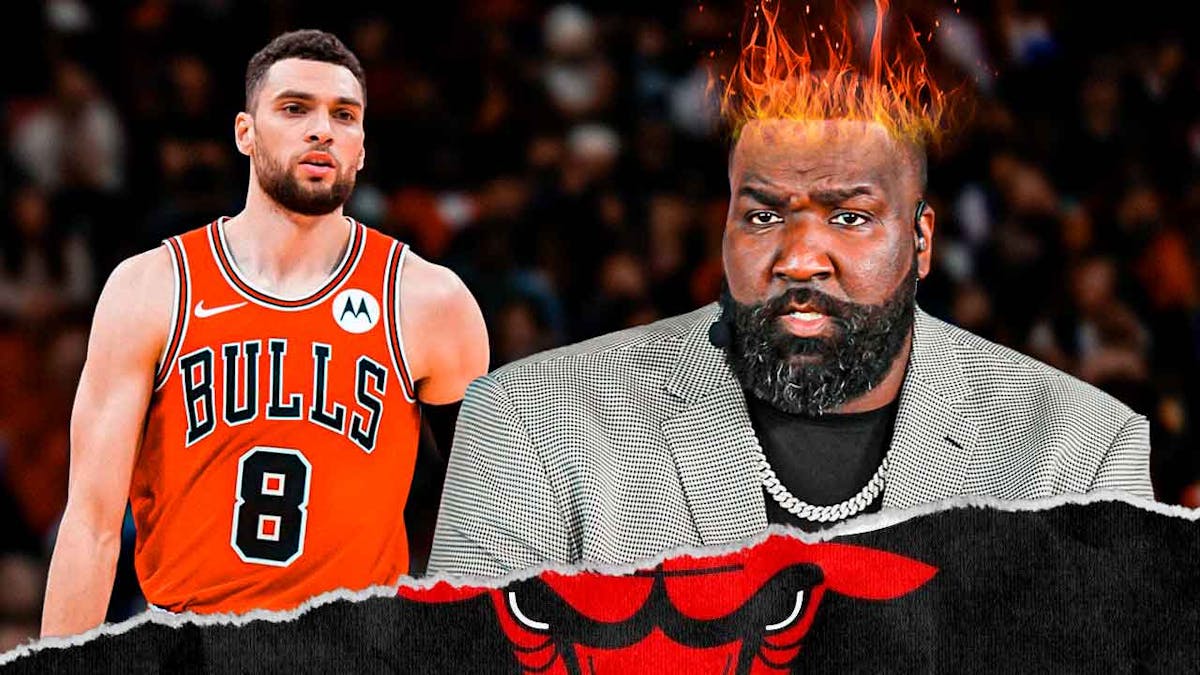 Kendrick Perkins in a suit on the left with fire coming out of his head, the Chicago Bulls logo in the middle, and Zach LaVine in a Bulls jersey on the right with a basketball court in the background.