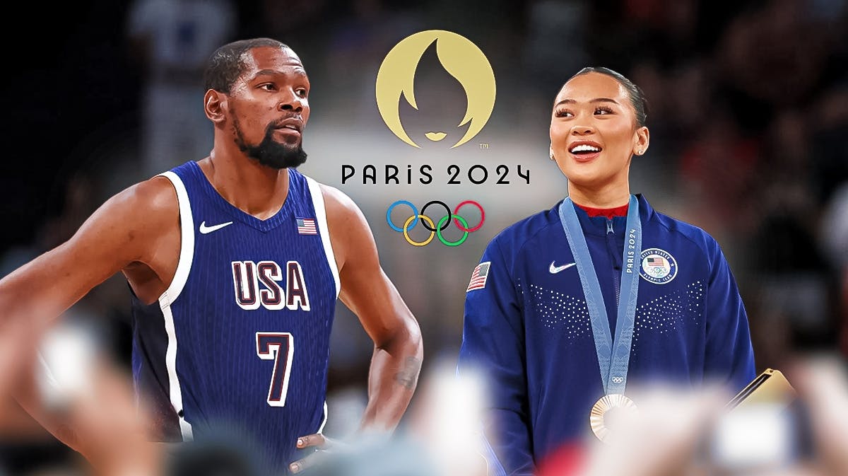 Kevin Durant and Suni Lee looking at each other with the Olympics logo in the background