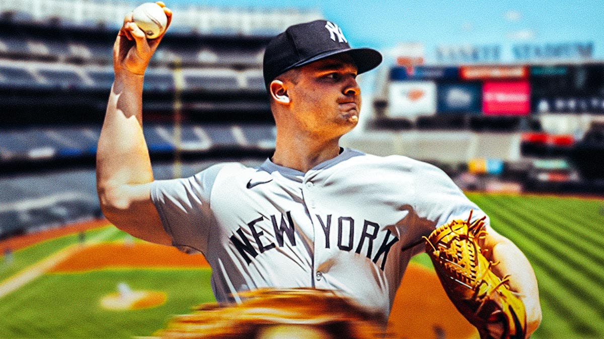 Yankees pitcher Clarke Schmidt in front of Yankee Stadium