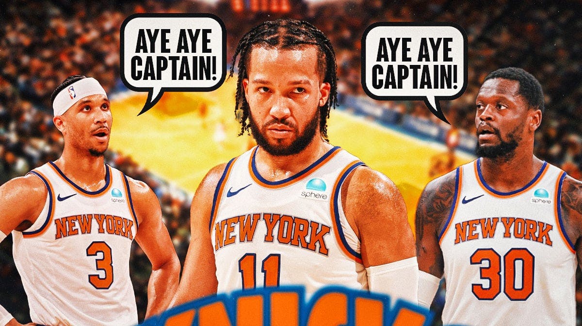 Knicks' Jalen Brunson with Josh Hart and Julius Randle saying "Aye Aye captain"