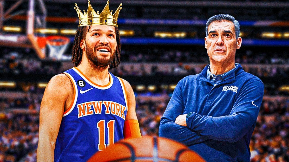 Jalen Brunson wears crown in Knicks jersey and smiles next to Jay Wright