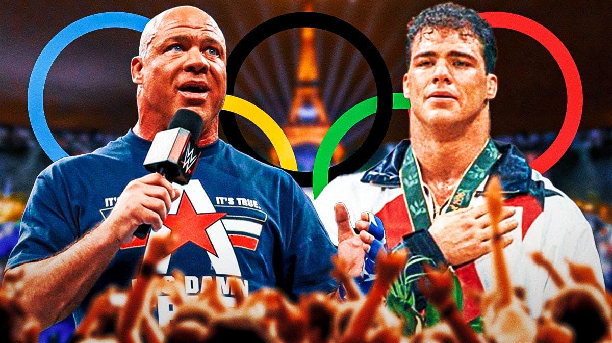 2024 Kurt Angle next to 1996 Olympics Kurt Angle in front of the Olympic rings