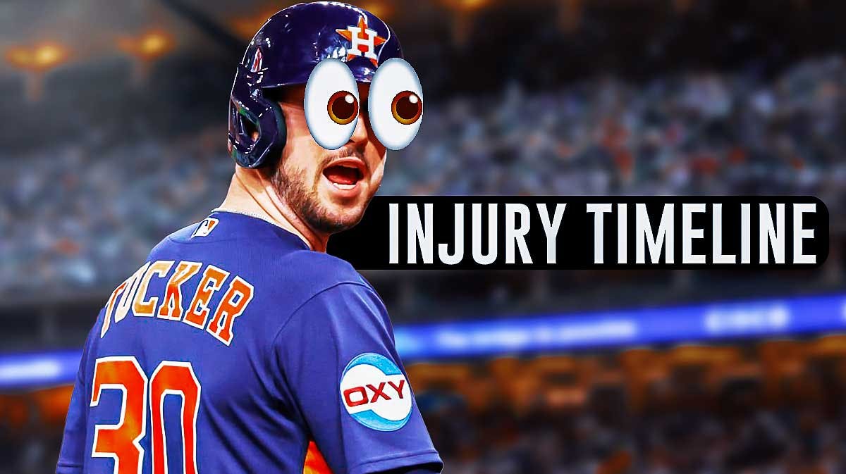 Astros Kyle Tucker in MLB dugout with eyes popping out. Have him looking at the following words: INJURY TIMELINE