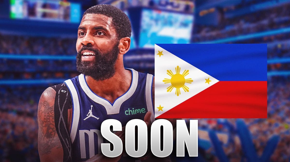 Mavericks' Kyrie Irving smiling, with a Philippine flag beside him, with caption below: SOON