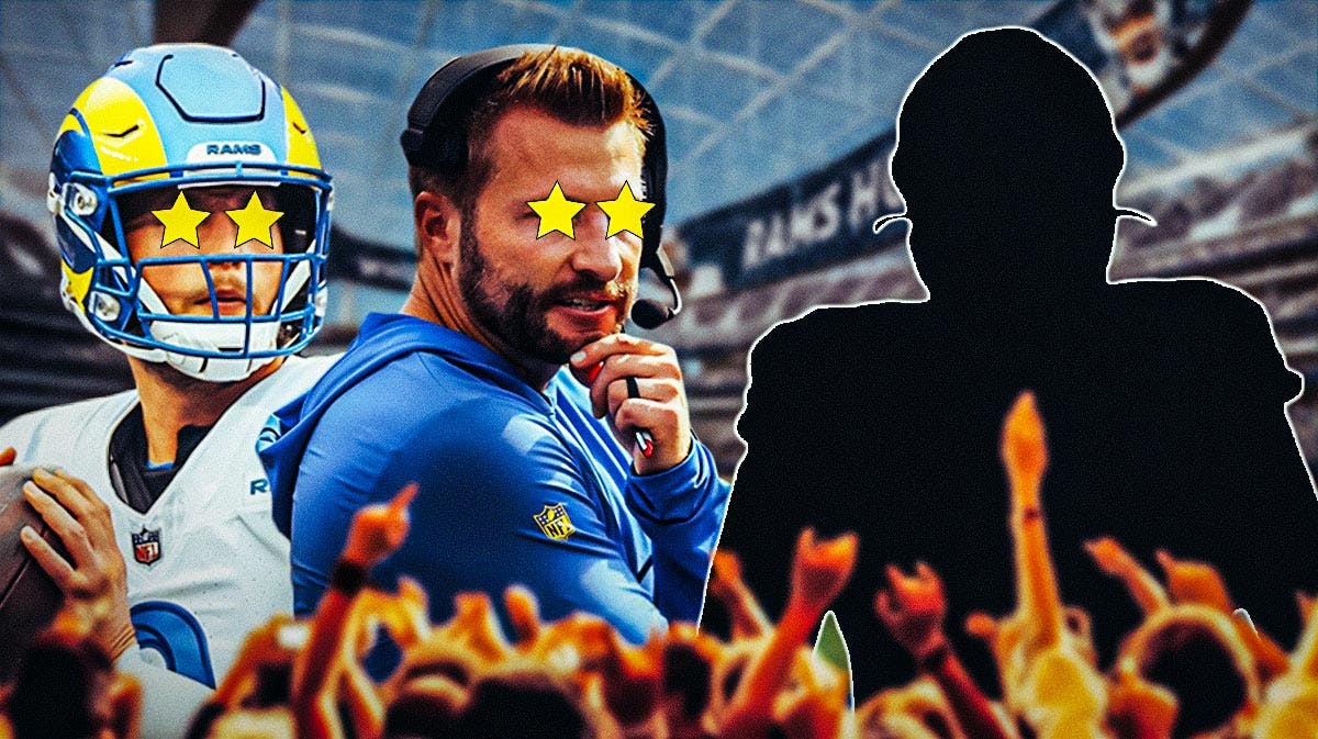 Matthew Stafford and Sean McVay on one side with stars in their eyes, a silhouette of a football offensive lineman on the other side