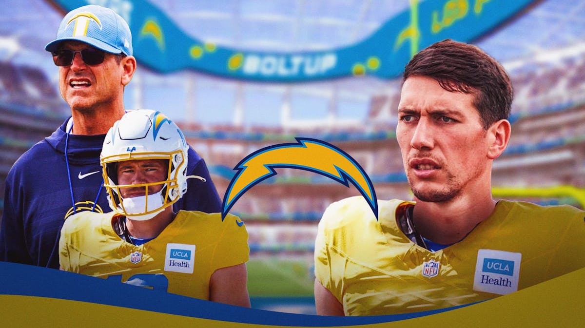 Los Angeles Chargers logo in center, Los Angeles Chargers head coach Jim Harbaugh on top left side, Los Angeles Chargers quarterback Justin Herbert on bottom left side, Los Angeles Chargers quarterback Luis Perez on right side