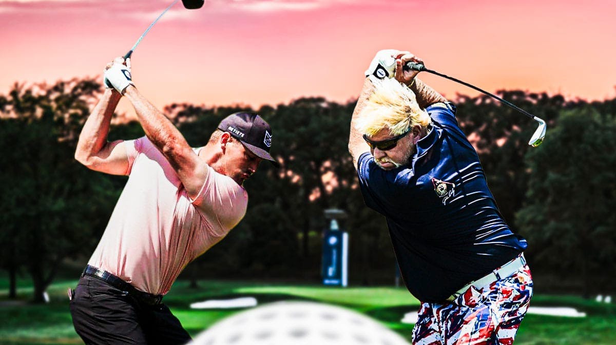 Bryson DeChambeau swinging a golf club on left, John Daly swinging a golf club on right.