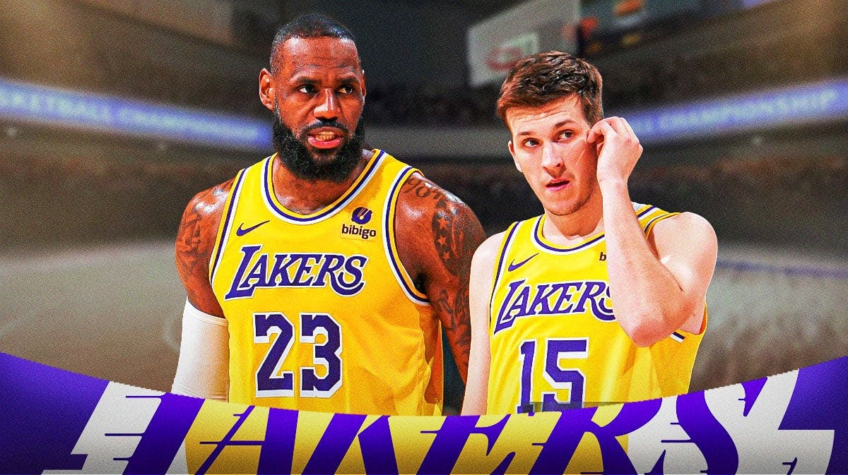 Los Angeles Lakers stars LeBron James and Austin Reaves in front of Crypto.com Arena.