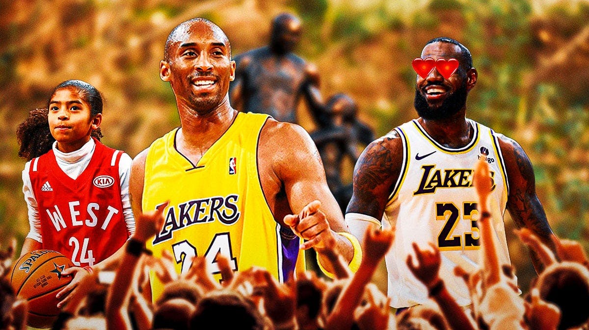 LeBron James on one side with hearts in his eyes, Kobe Bryant and Gigi Bryant on the other side