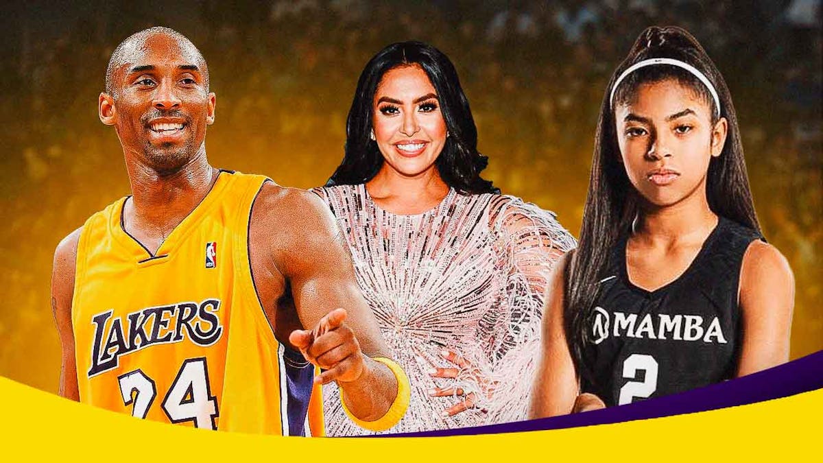 Vanessa Bryant smiling in the middle of Kobe Bryant and Gigi Bryant.