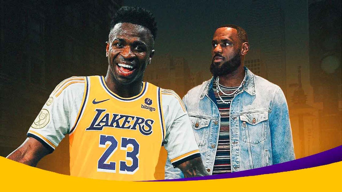 Vinicius Junior smiling in a LeBron James Lakers jersey next to LeBron James in street clothes outside of the Lakers locker room