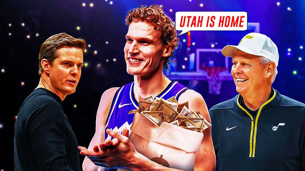 Jazz Lauri Markkanen with money saying "Utah is home" next to Danny Aigne and Will Hardy