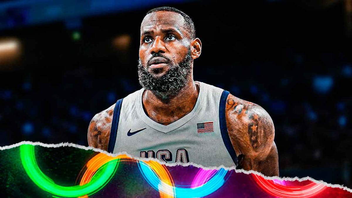 LeBron James in his Team USA basketball jersey with the Olympics logo in the background, Lakers MVP