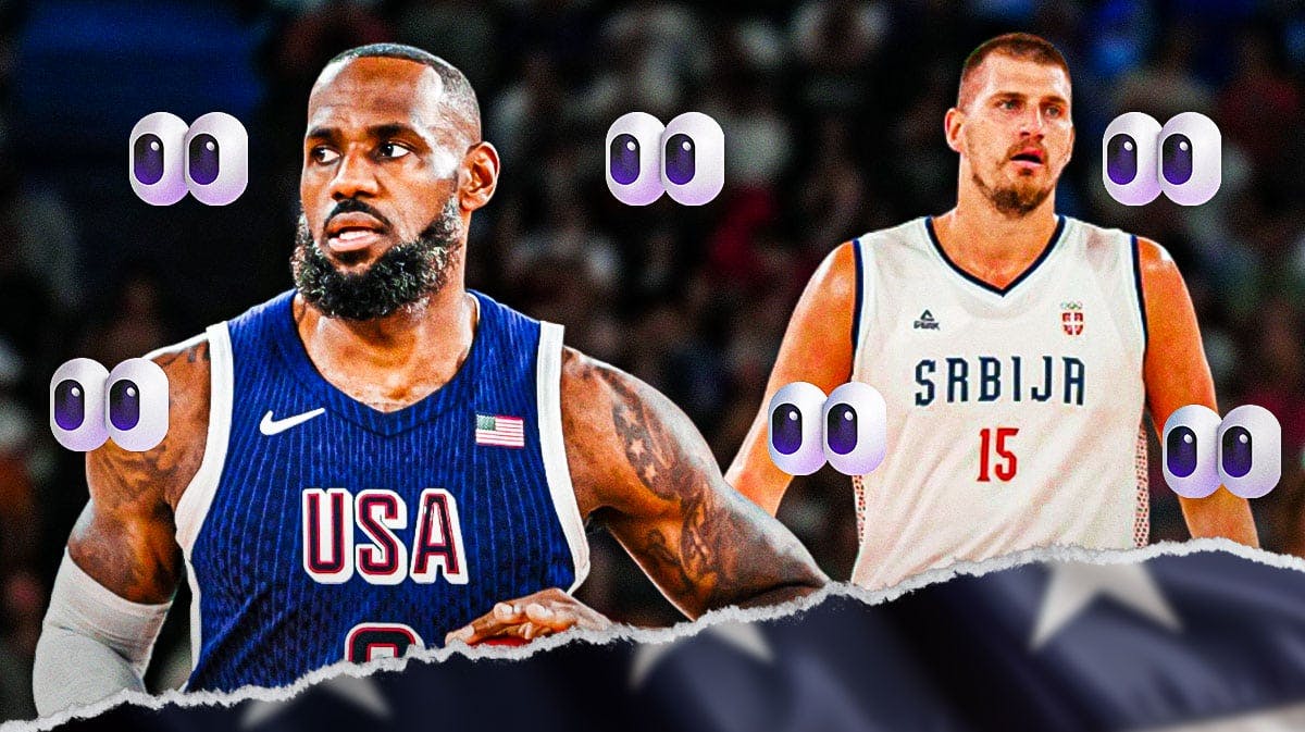 LeBron James in a Team USA uniform looking serious. Nikola Jokic in a Serbia uniform. Eyeballs all around the background.