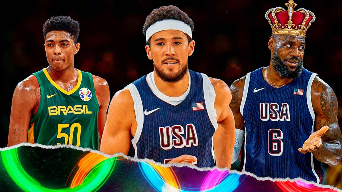 Team USA Devin Booker and LeBron James amid Olympics win vs Brazil