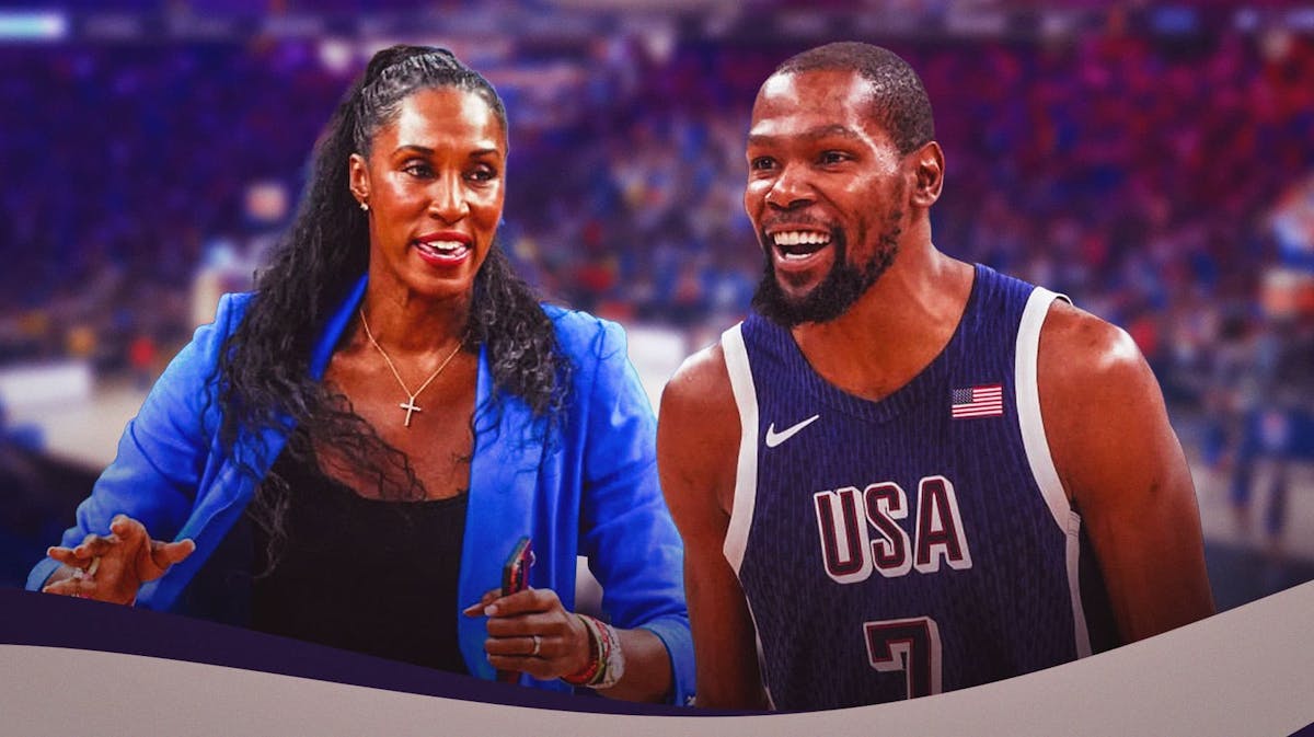 Lisa Leslie stands next to Suns star Kevin Durant in Team USA Olympics gear