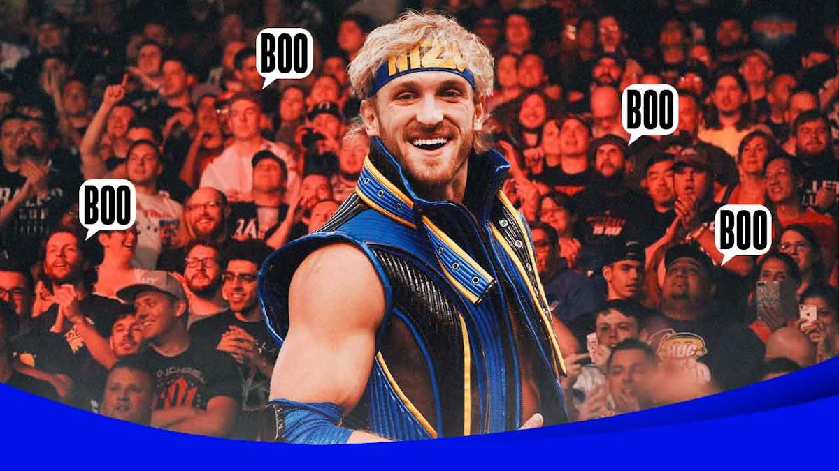 Logan Paul in front of a WWE Crowd with multiple text bubbles reading "Boo!" spread out through the stands.
