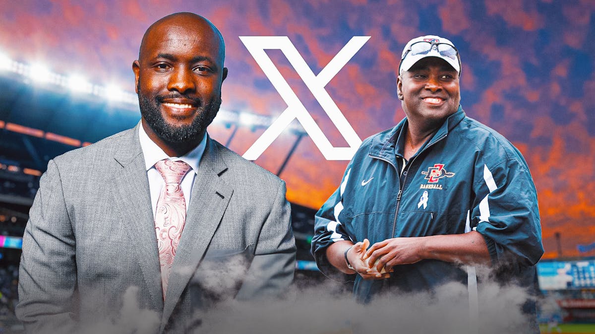 Tony Gwynn Jr. beside Mr. Padre, Tony Gwynn, with logo of "X" (formerly Twitter) on the background