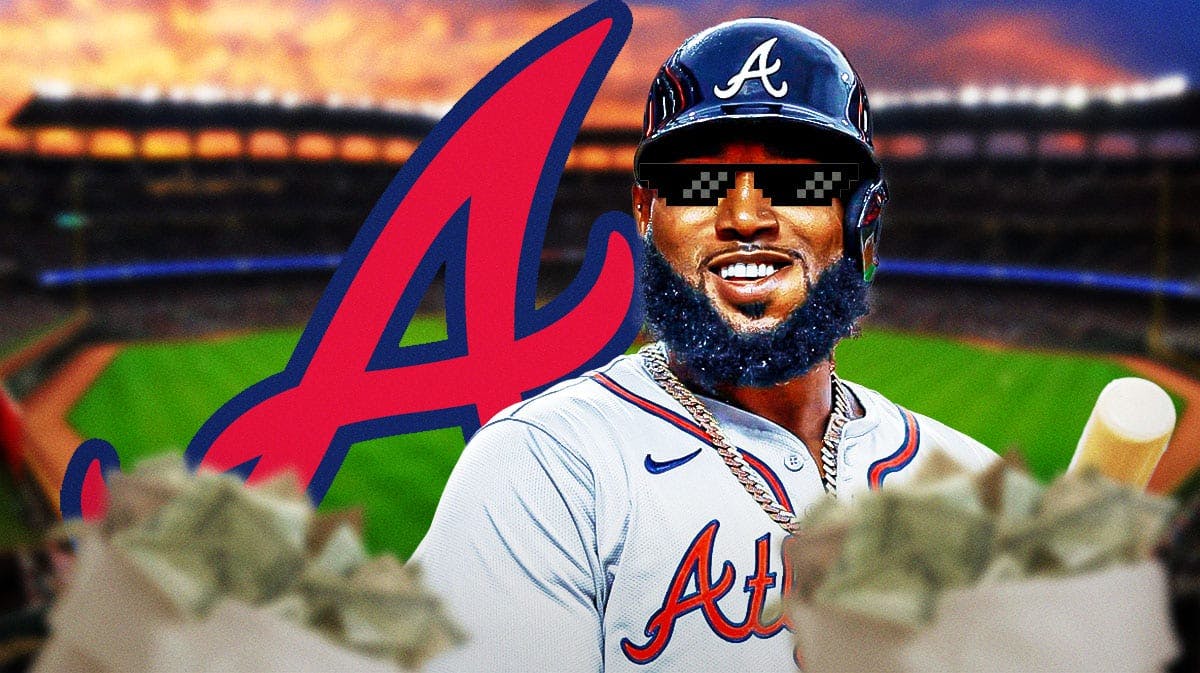 Atlanta Braves' Marcell Ozuna in sunglasses with a bag of money & the Braves logo next to his face