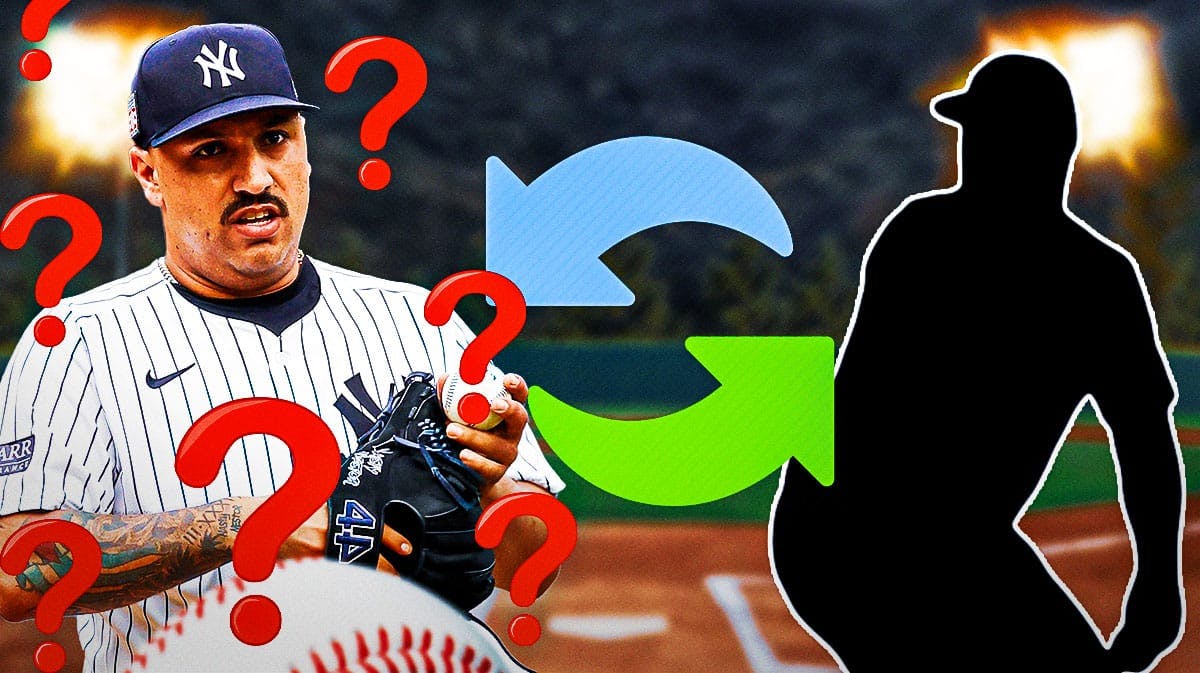 Yankees' Nestor Cortes looking serious with question marks all over him on the left, swap symbol in the middle, with a silhouette of a pitcher on the right