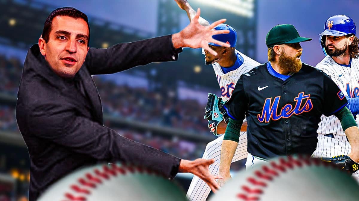 Mets president David Stearns as Will Smith in the pointing meme, pointing to Paul Blackburn, Huascar Brazoban, and Jesse Winker (all in Mets uniforms)