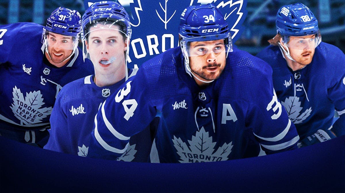 Auston Matthews, Mitch Marner, John Tavares, and William Nylander in front of a Maple Leafs logo.